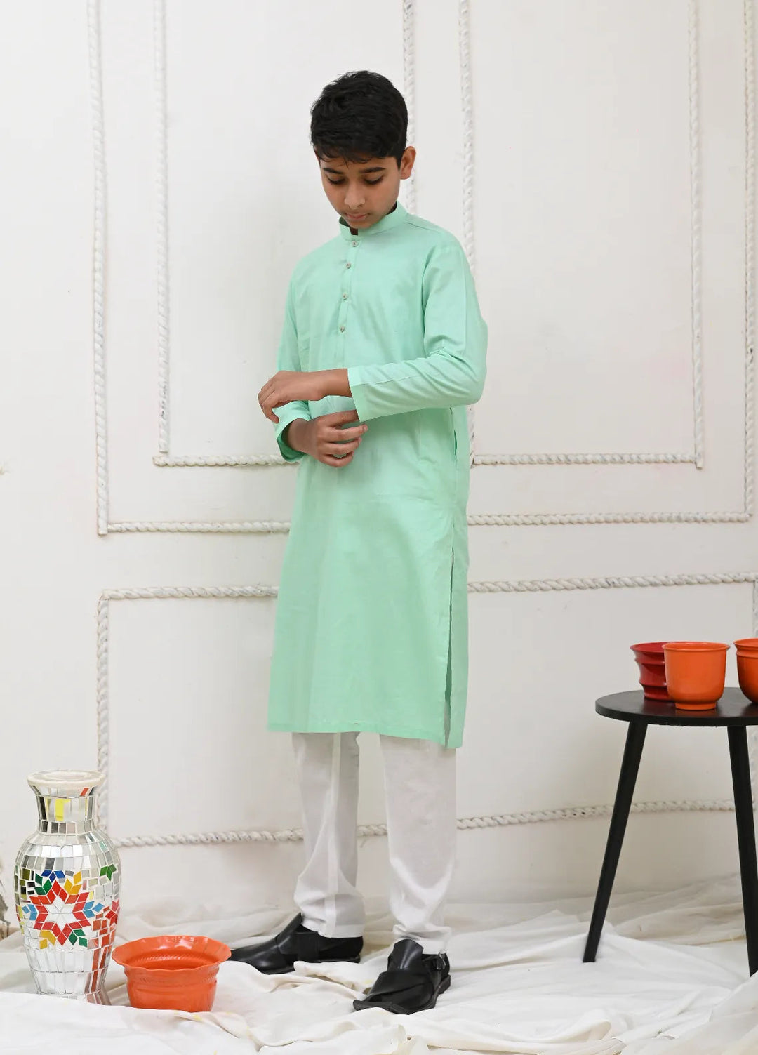 Mom4Little Pret Cotton Sea Green and white kurta pajama