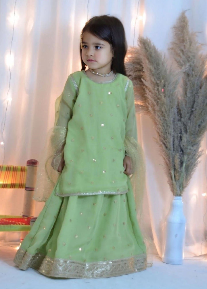 Mom4Little Pret Embroidered Chiffon 3 Piece Green Lehenga set