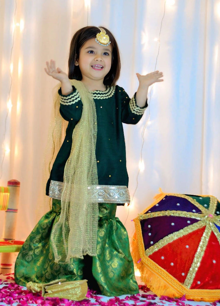 Mom4Little Pret Embroidered Raw Silk 3 Piece Bottle Green Gharara Set
