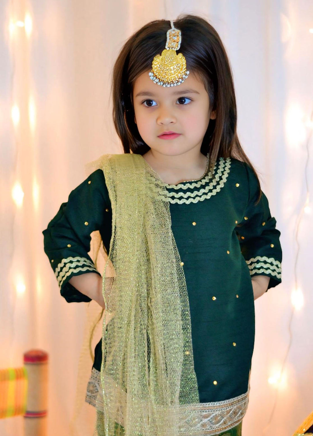 Mom4Little Pret Embroidered Raw Silk 3 Piece Bottle Green Gharara Set