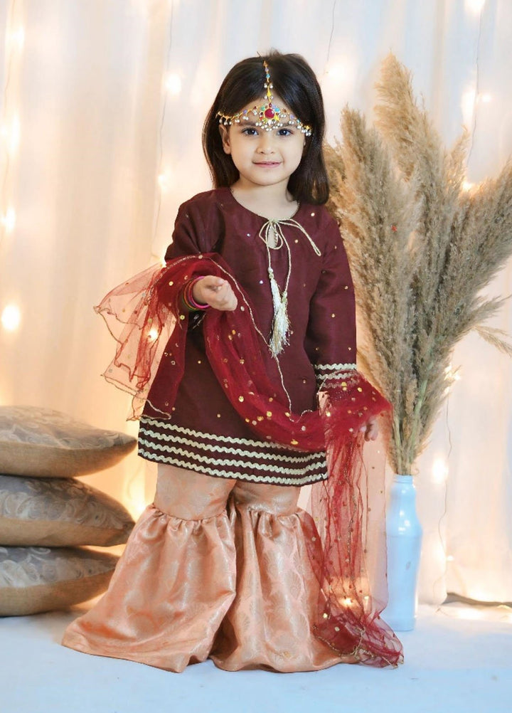 Mom4Little Pret Embroidered Raw Silk 3 Piece Maroon Gharara Set