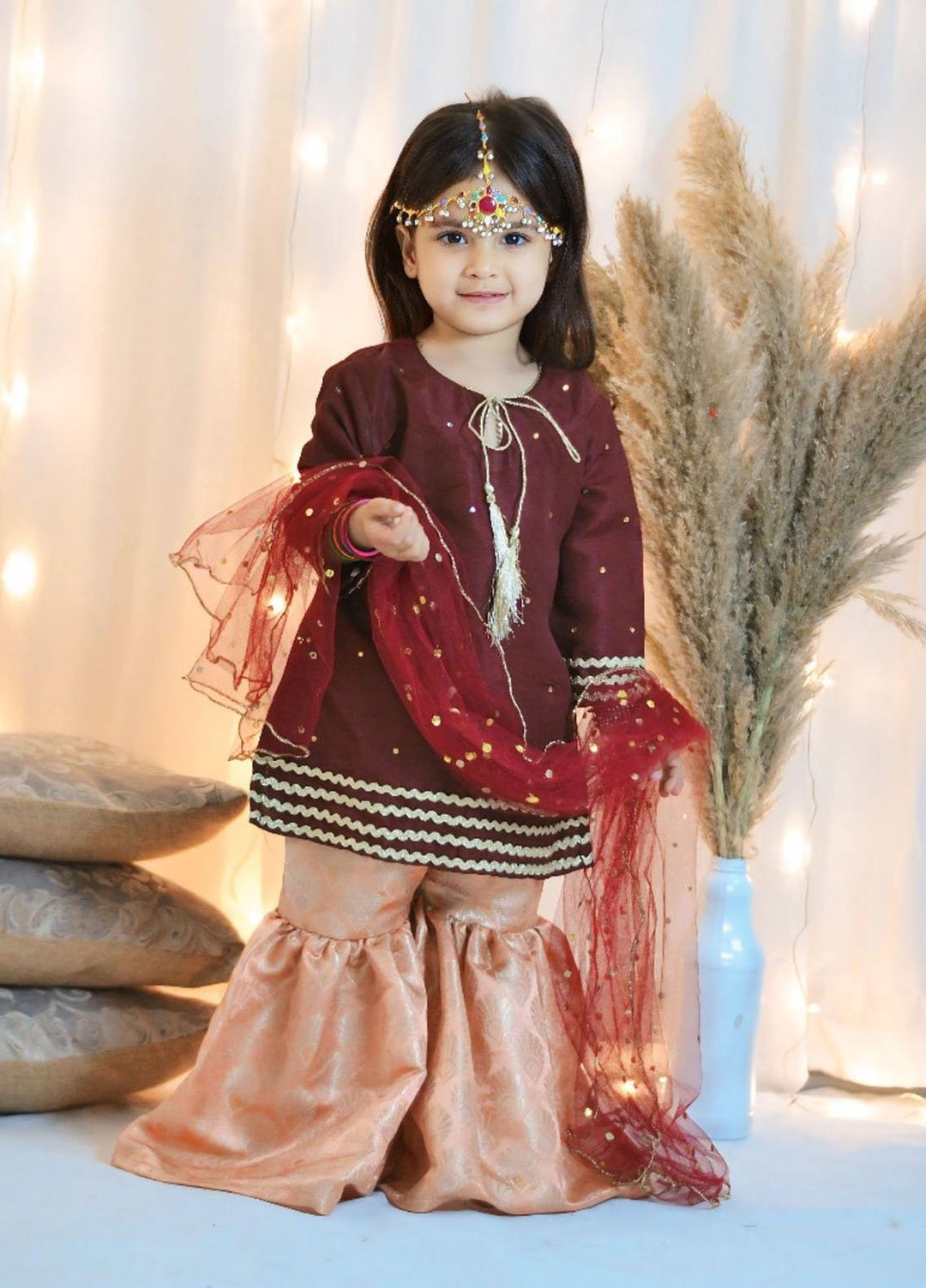 Mom4Little Pret Embroidered Raw Silk 3 Piece Maroon Gharara Set