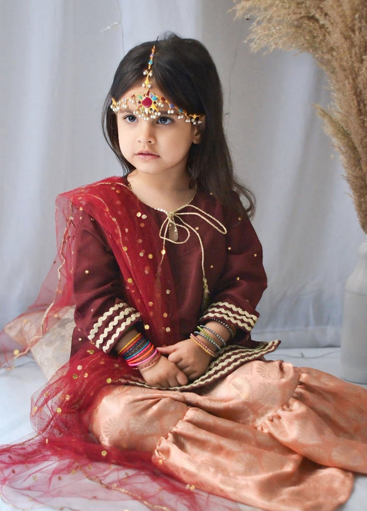 Mom4Little Pret Embroidered Raw Silk 3 Piece Maroon Gharara Set