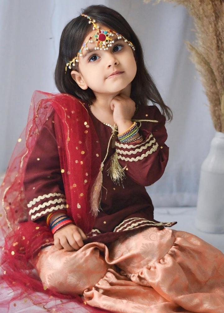 Mom4Little Pret Embroidered Raw Silk 3 Piece Maroon Gharara Set