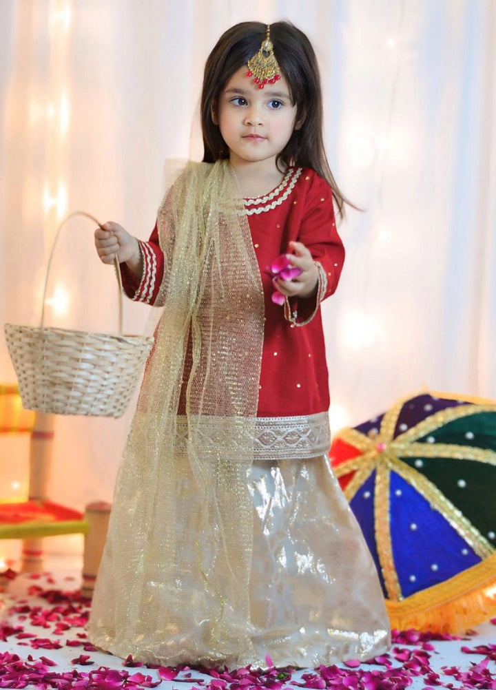 Mom4Little Pret Embroidered Raw Silk 3 Piece Red lehenga set