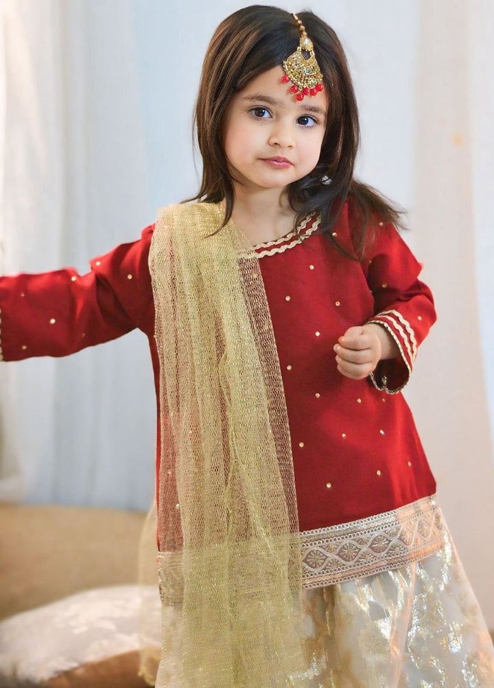 Mom4Little Pret Embroidered Raw Silk 3 Piece Red lehenga set