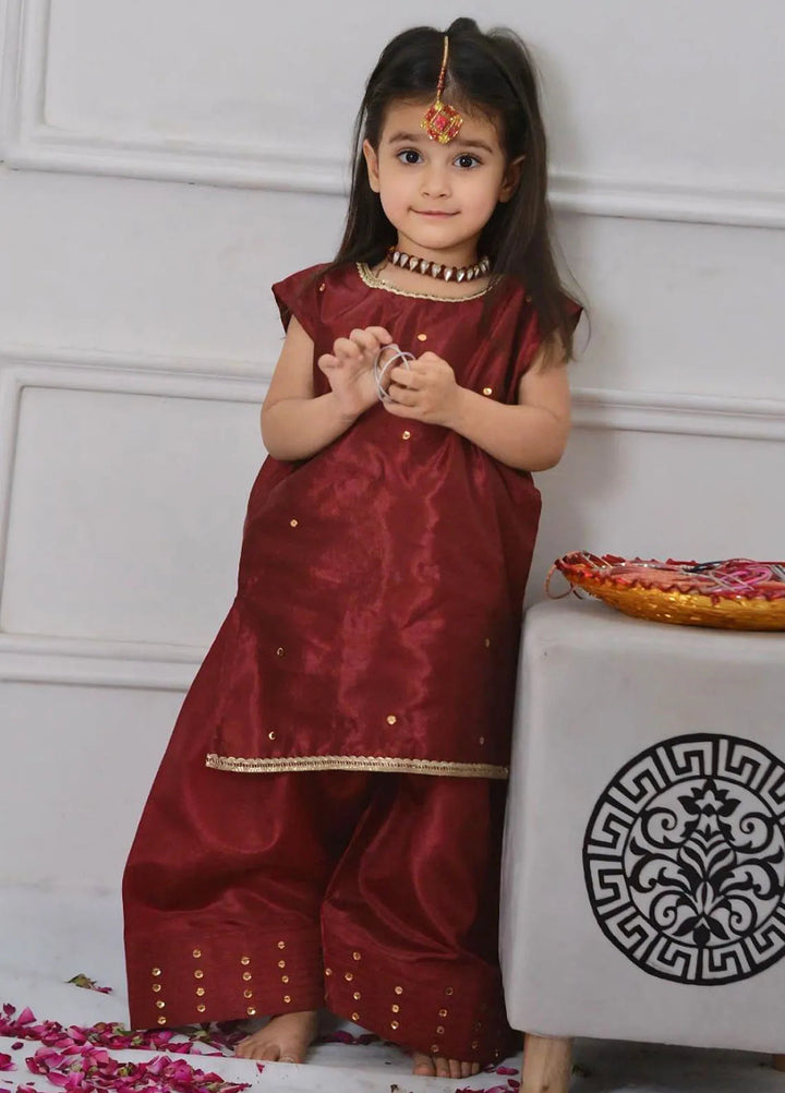 Mom4Little Pret Plain Katan Silk 2 Piece Maroon Farshi shalwar set