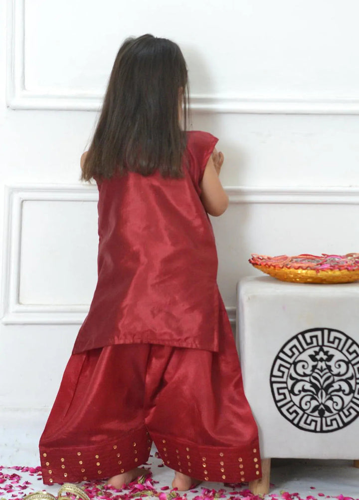 Mom4Little Pret Plain Katan Silk 2 Piece Maroon Farshi shalwar set