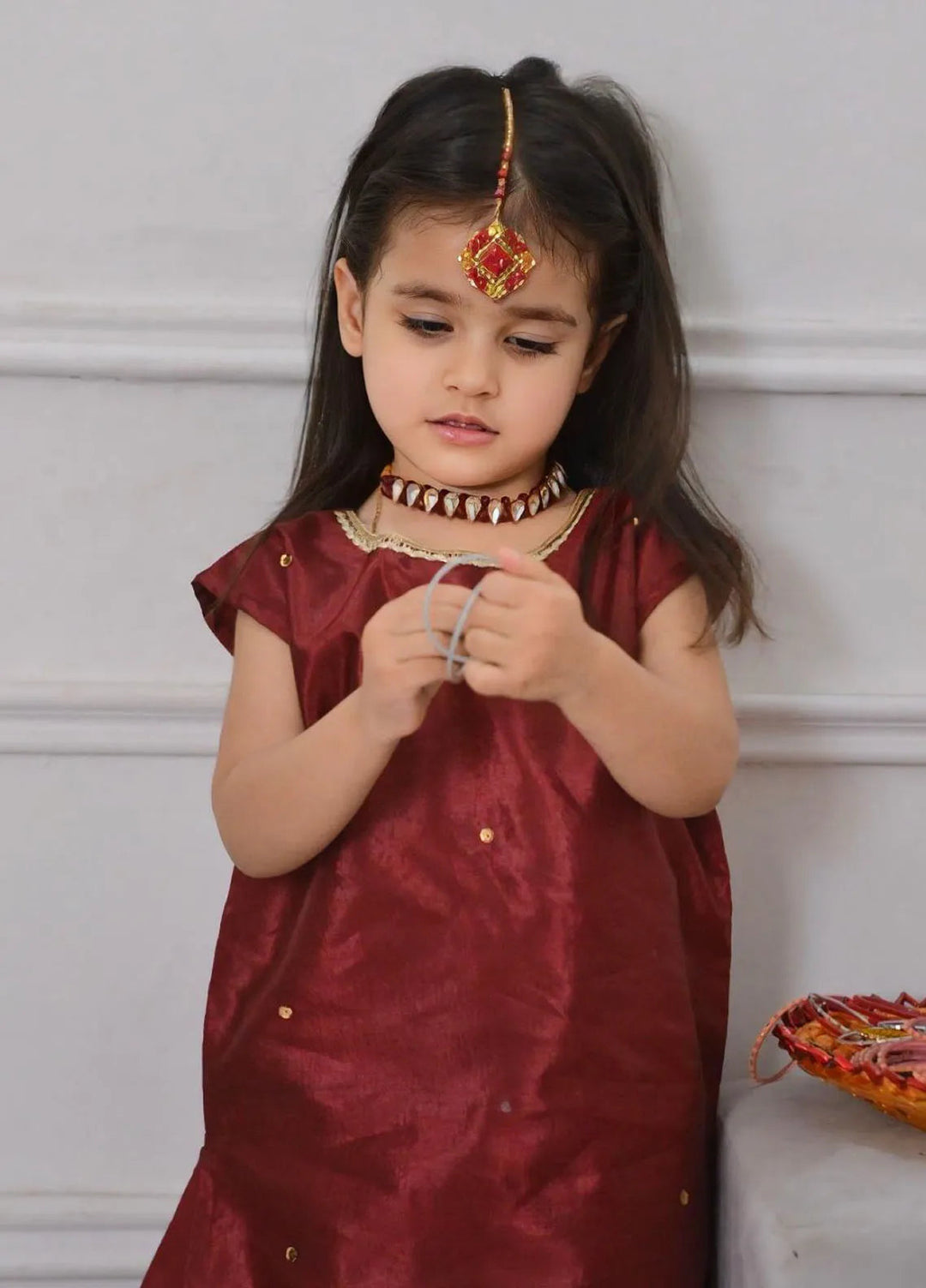 Mom4Little Pret Plain Katan Silk 2 Piece Maroon Farshi shalwar set