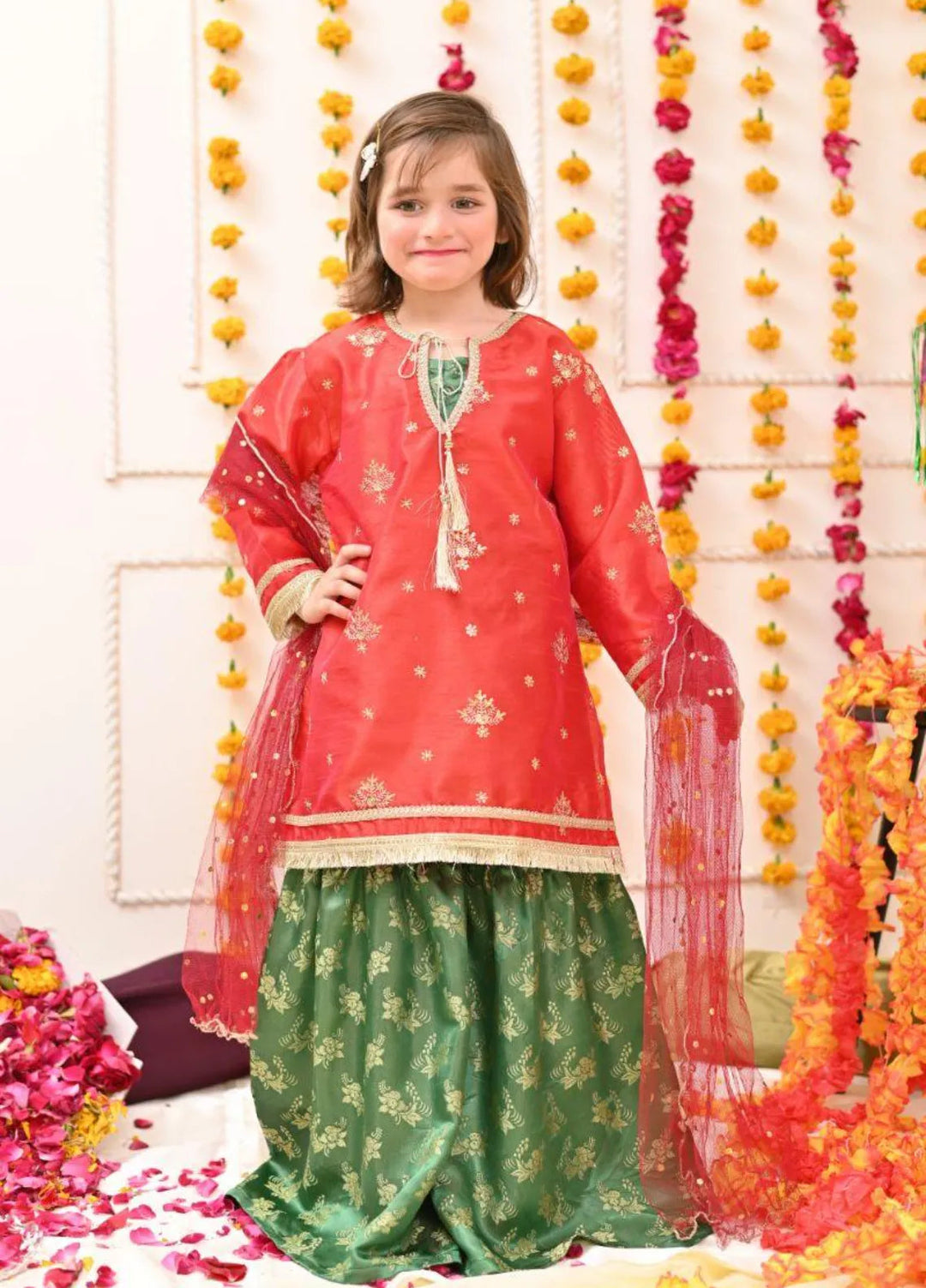 Mom4Little Pret Raw silk Tomato Red and Green Gharara Set
