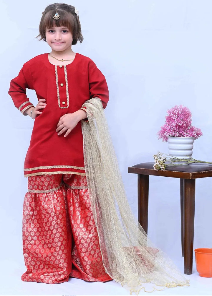 Mom4Little Pret Red Raw Silk Gharara Set