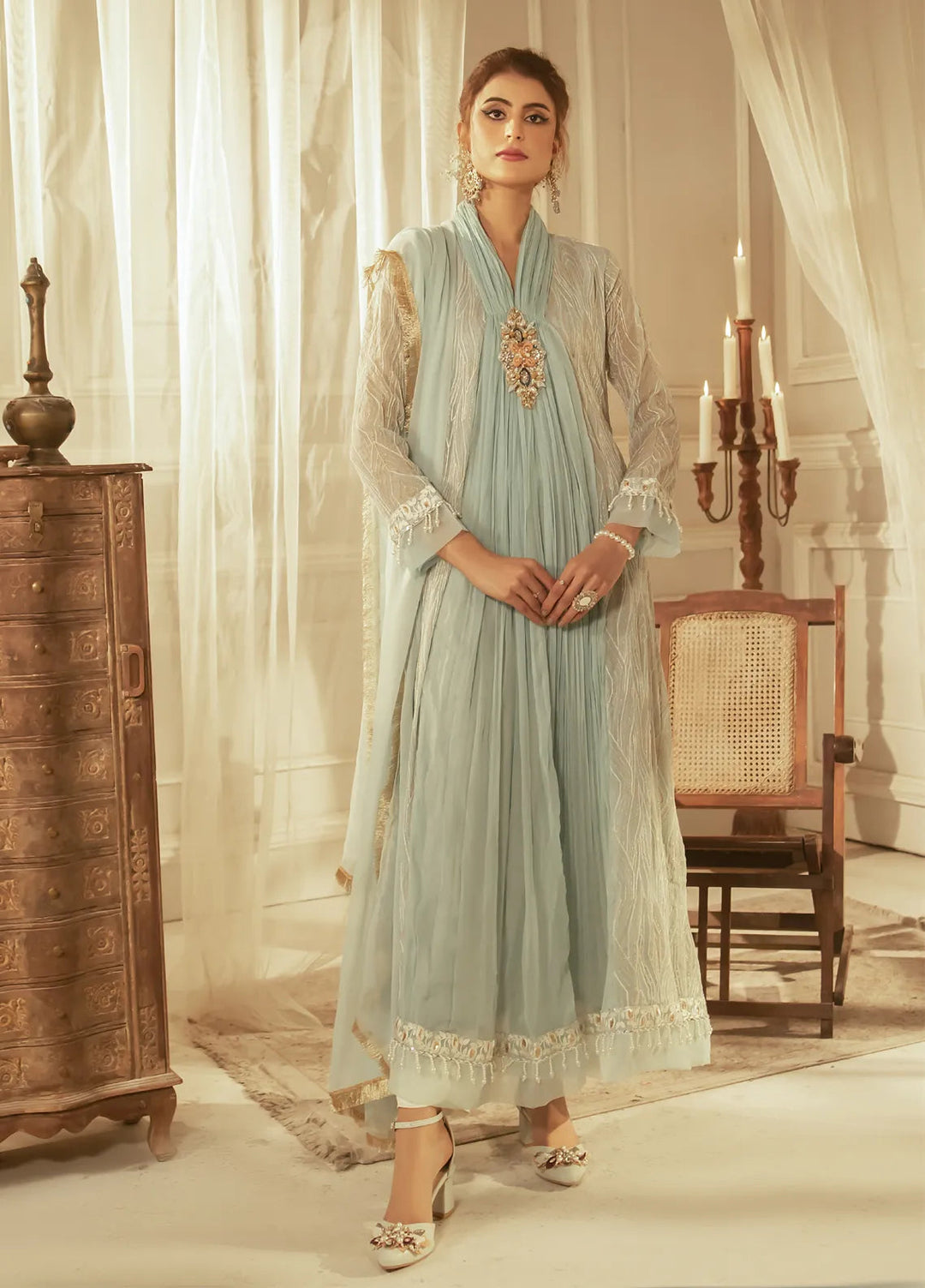 Mona Embroidery Luxury Pret Embroidered Chiffon 3 Piece Suit Dreamy Bloom-Mint-Green