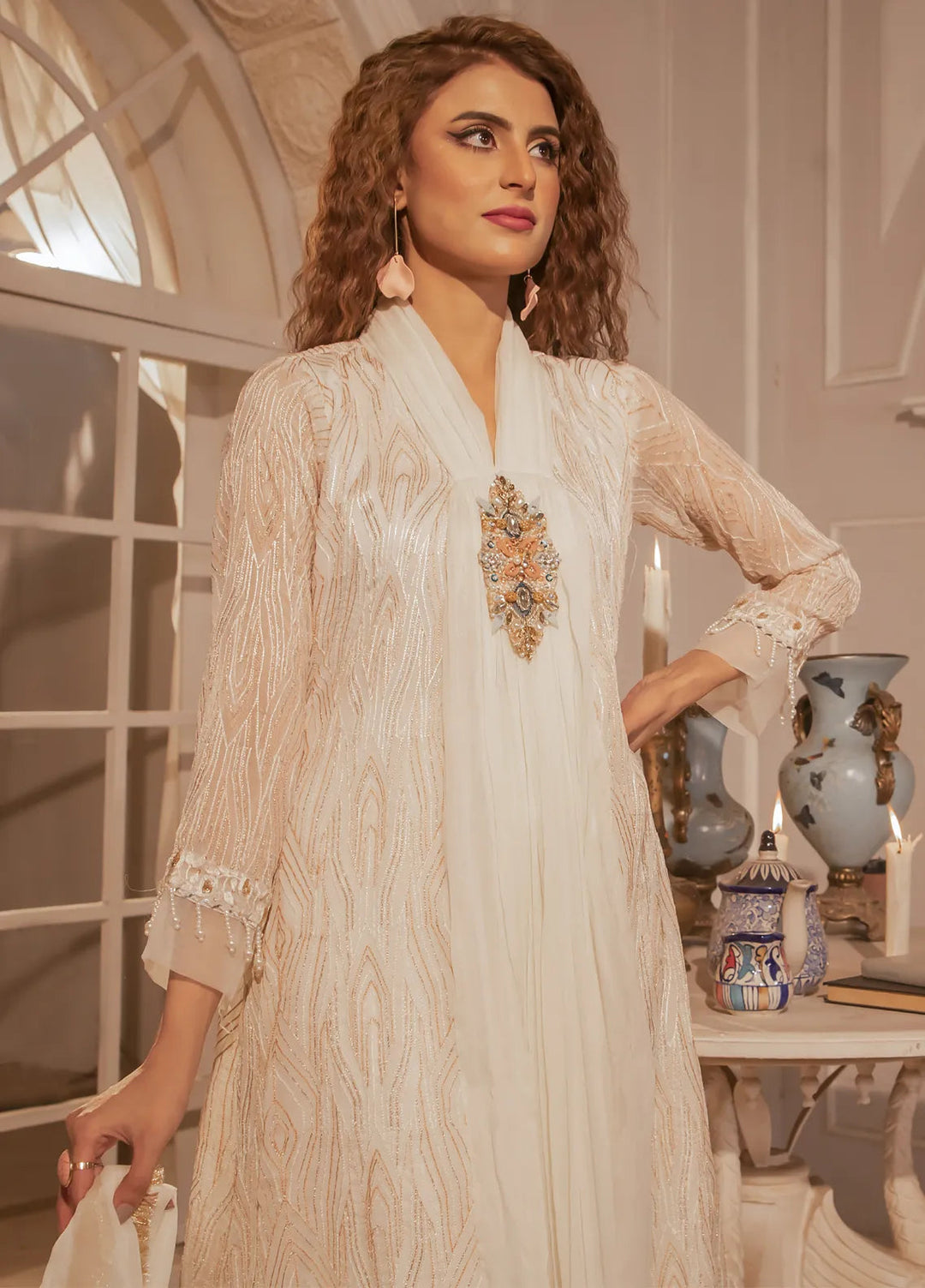 Mona Embroidery Luxury Pret Embroidered Chiffon 3 Piece Suit Dreamy Bloom-Off-White