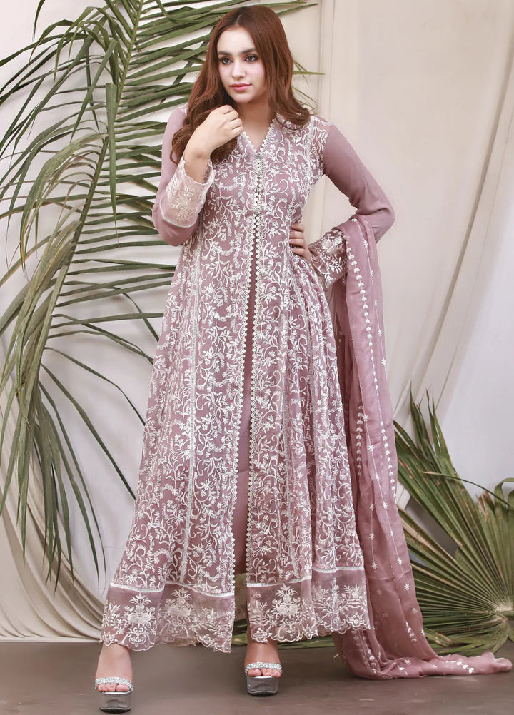 Mona Embroidery Luxury Pret Embroidered Chiffon 3 Piece Suit Elegance-Lilac