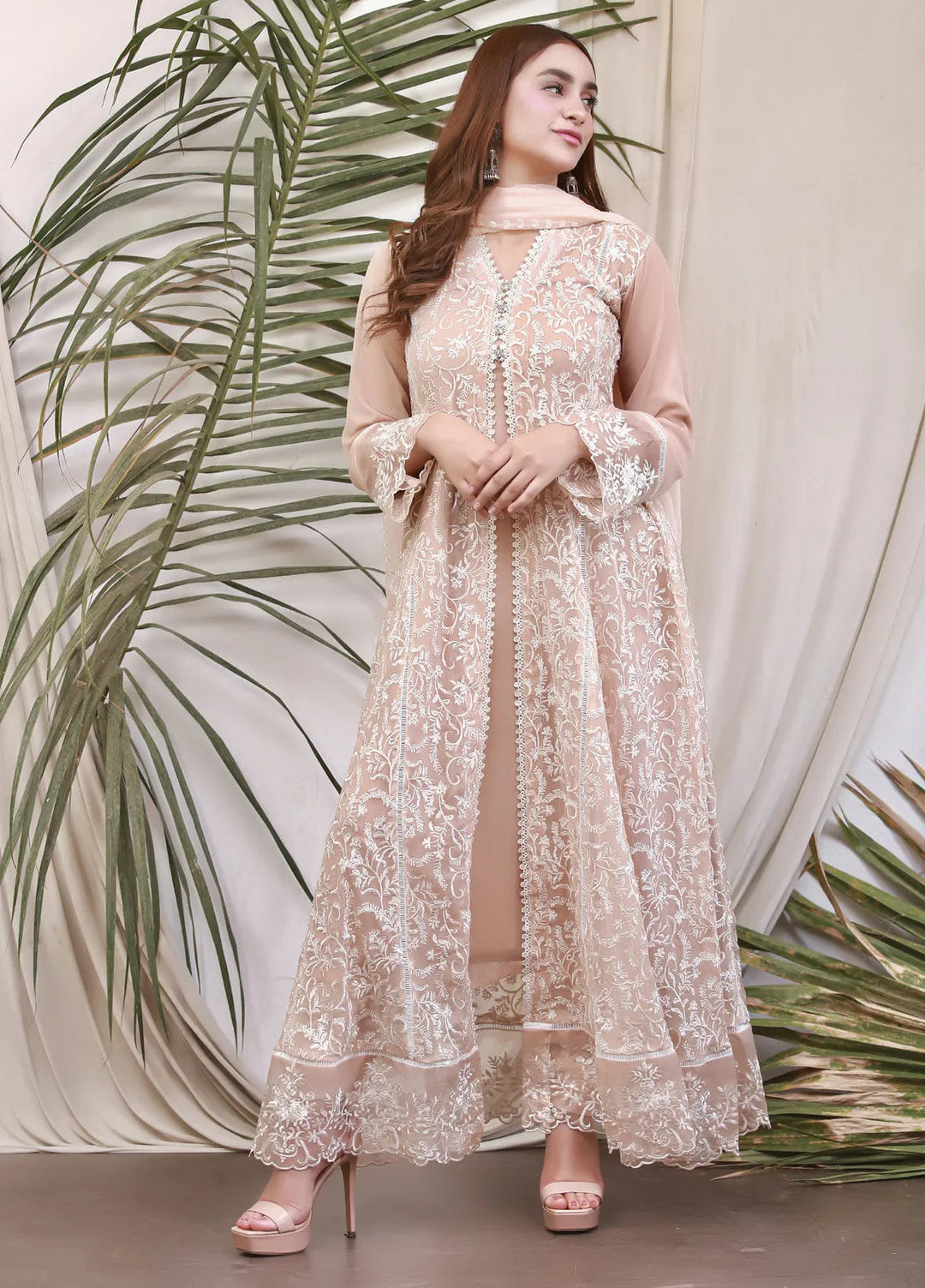 Mona Embroidery Luxury Pret Embroidered Chiffon 3 Piece Suit Elegance-Peach