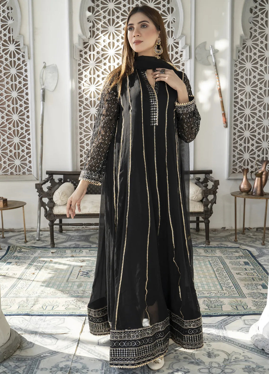 Mona Embroidery Luxury Pret Embroidered Chiffon 3 Piece Suit Embellish Azure-Black