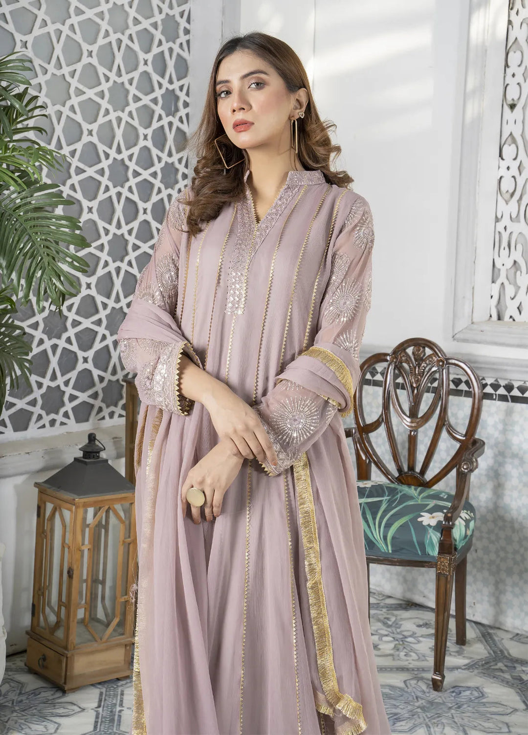 Mona Embroidery Luxury Pret Embroidered Chiffon 3 Piece Suit Embellish Azure-Lilac