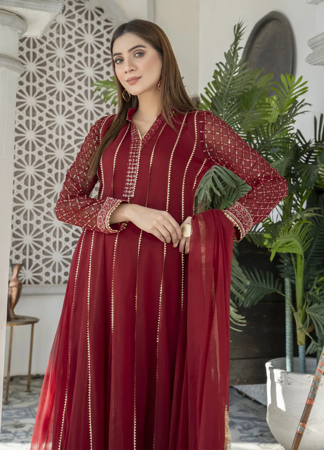 Mona Embroidery Luxury Pret Embroidered Chiffon 3 Piece Suit Embellish Azure-Mehroon