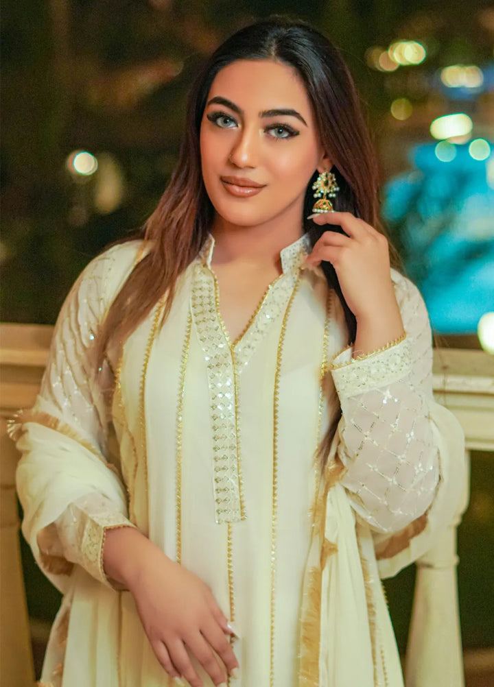 Mona Embroidery Luxury Pret Embroidered Chiffon 3 Piece Suit Embellish Azure-Off-White