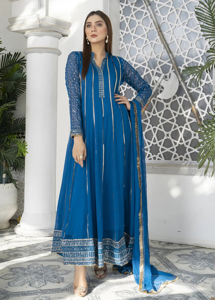 Mona Embroidery Luxury Pret Embroidered Chiffon 3 Piece Suit Embellish Azure-Zinc-Blue