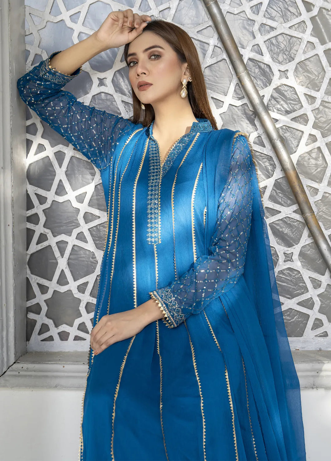 Mona Embroidery Luxury Pret Embroidered Chiffon 3 Piece Suit Embellish Azure-Zinc-Blue
