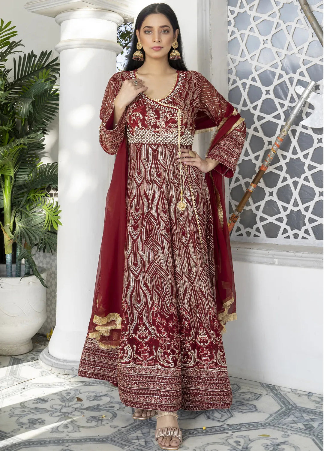 Mona Embroidery Pret Embroidered Chiffon 3 Piece Suit Aquamarine-Mehroon