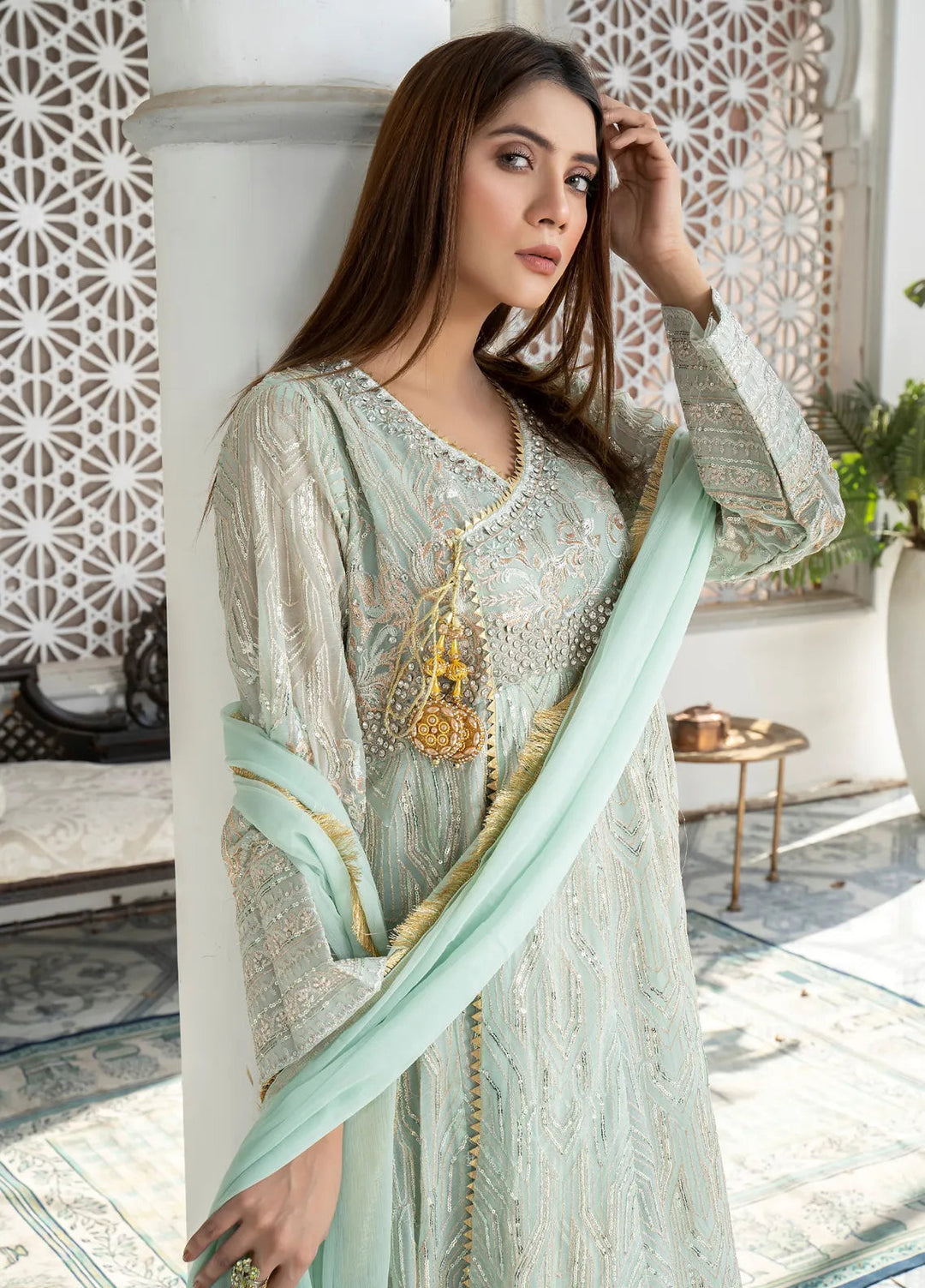 Mona Embroidery Pret Embroidered Chiffon 3 Piece Suit Aquamarine-Mint-Green