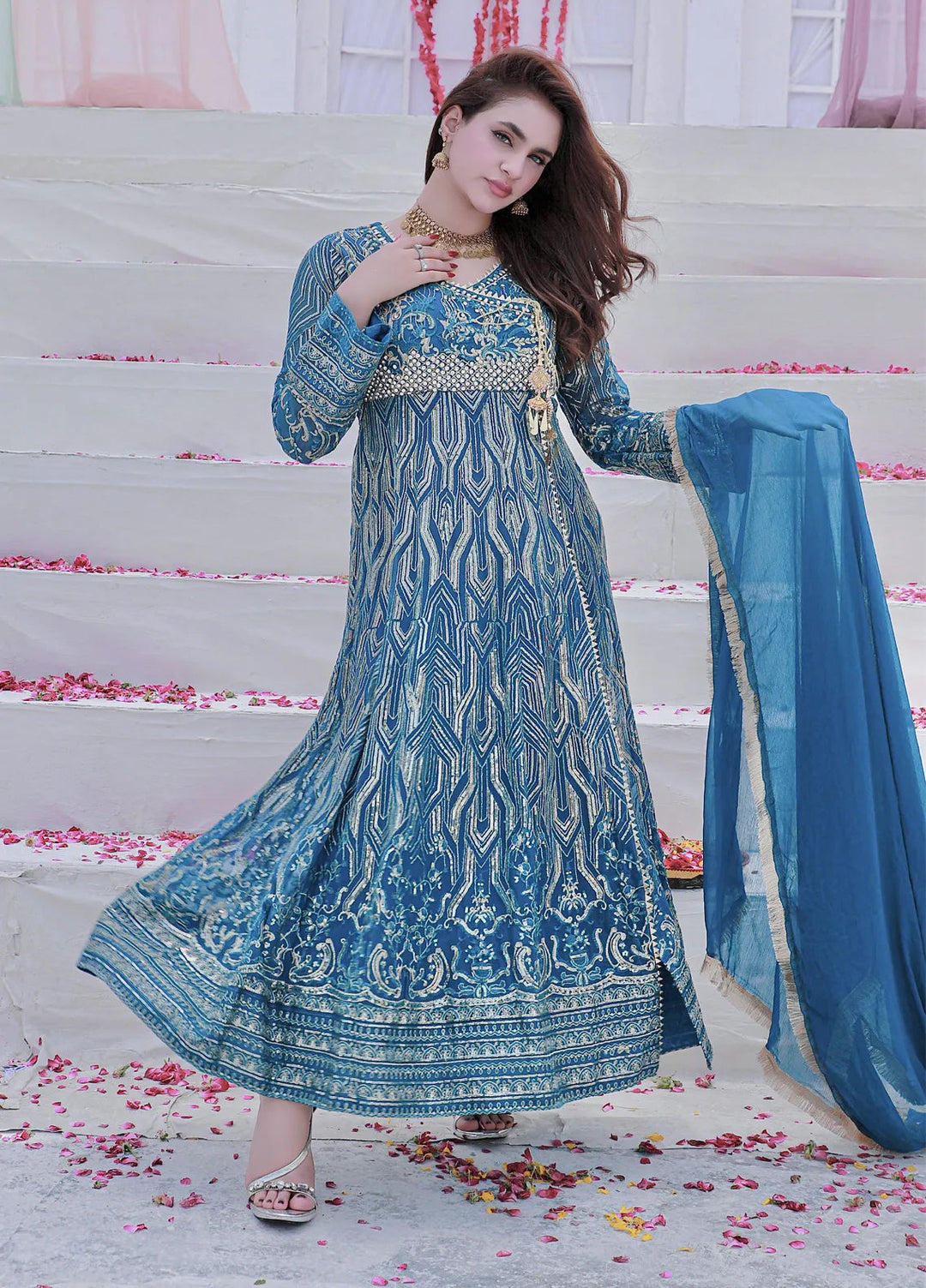 Mona Embroidery Pret Embroidered Chiffon 3 Piece Suit Aquamarine-Zinc-Blue