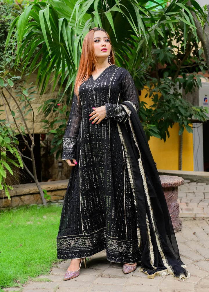 Mona Embroidery Pret Embroidered Chiffon 3 Piece Suit Cedar-Black