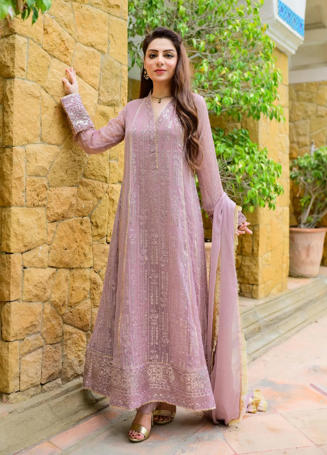 Mona Embroidery Pret Embroidered Chiffon 3 Piece Suit Cedar-Lilac