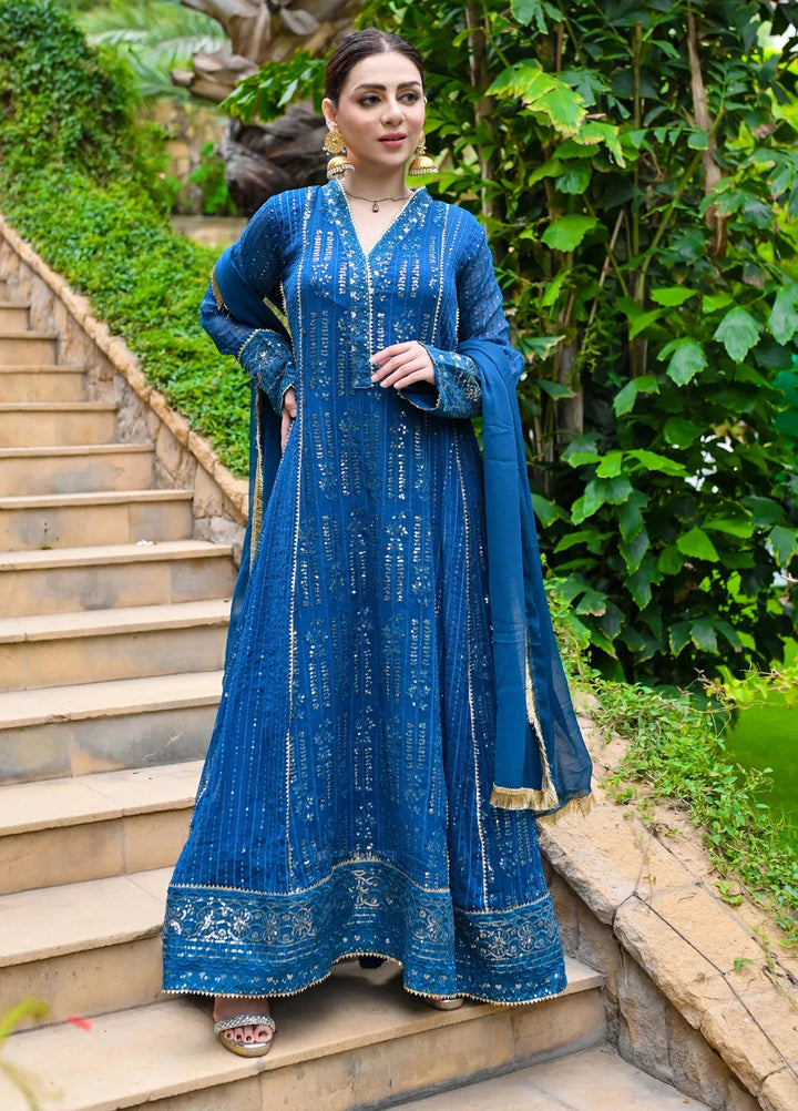 Mona Embroidery Pret Embroidered Chiffon 3 Piece Suit Cedar-Zinc-Blue