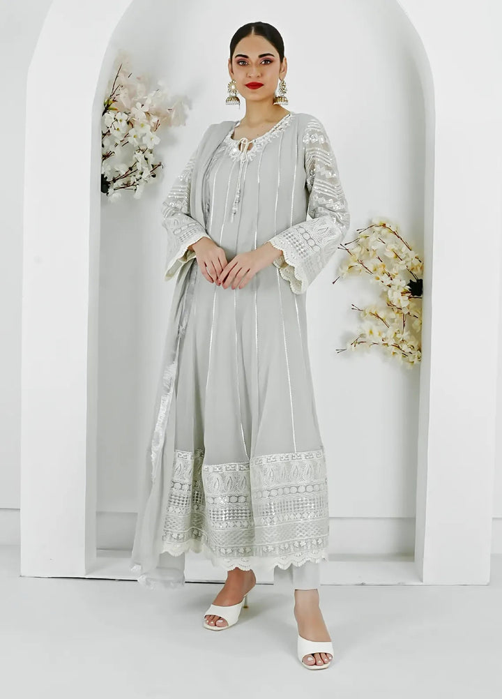Mona Embroidery Pret Embroidered Chiffon 3 Piece Suit Crimson Glow-Grey