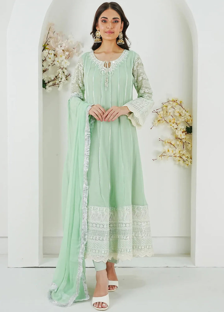 Mona Embroidery Pret Embroidered Chiffon 3 Piece Suit Crimson Glow-Mint-Green