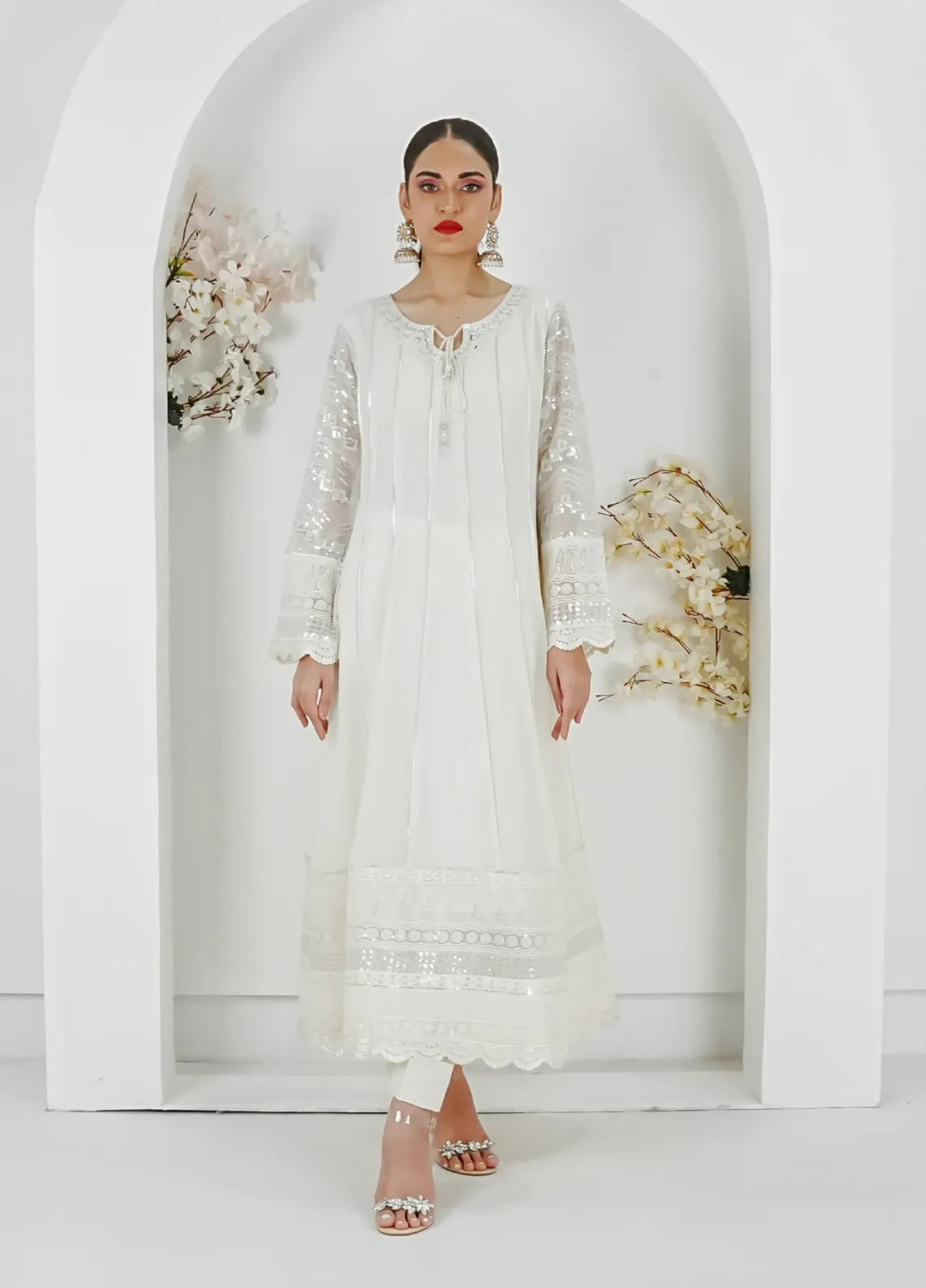 Mona Embroidery Pret Embroidered Chiffon 3 Piece Suit Crimson Glow-Off-White