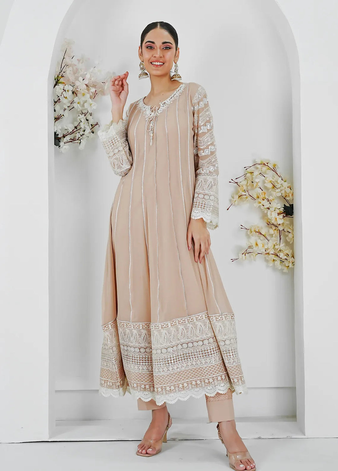 Mona Embroidery Pret Embroidered Chiffon 3 Piece Suit Crimson Glow-Peach