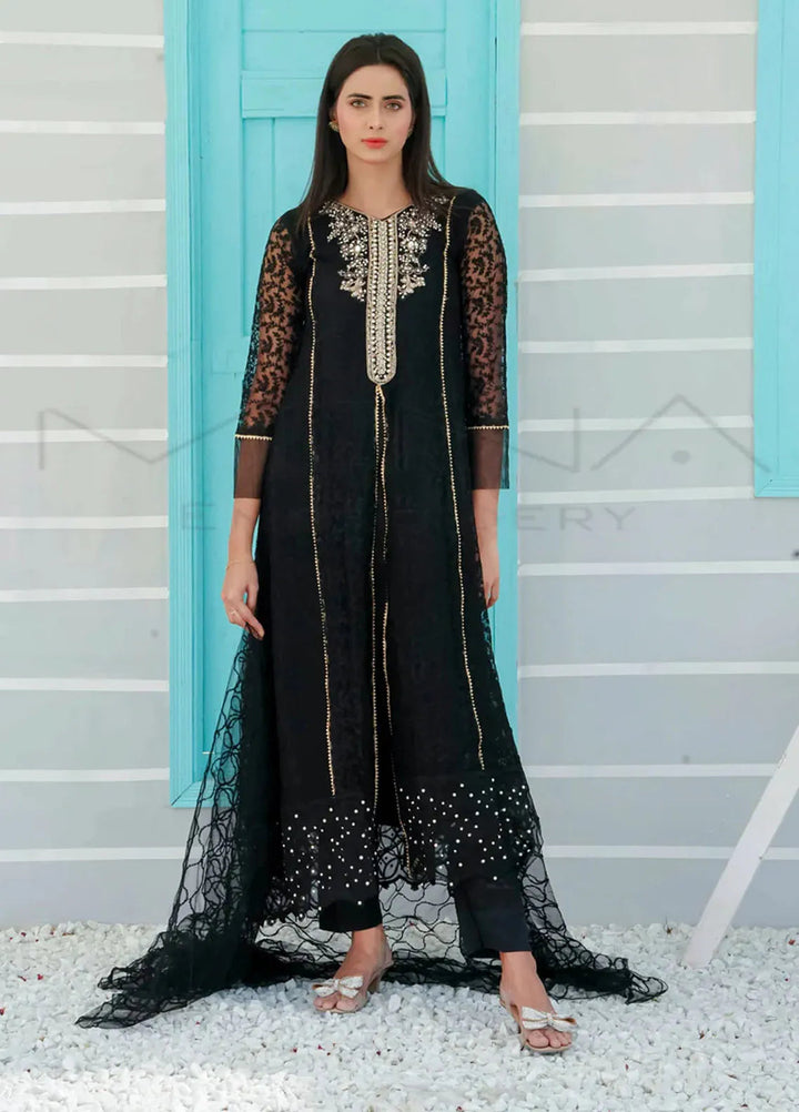 Mona Embroidery Pret Embroidered Chiffon 3 Piece Suit Delicate Drapes Black