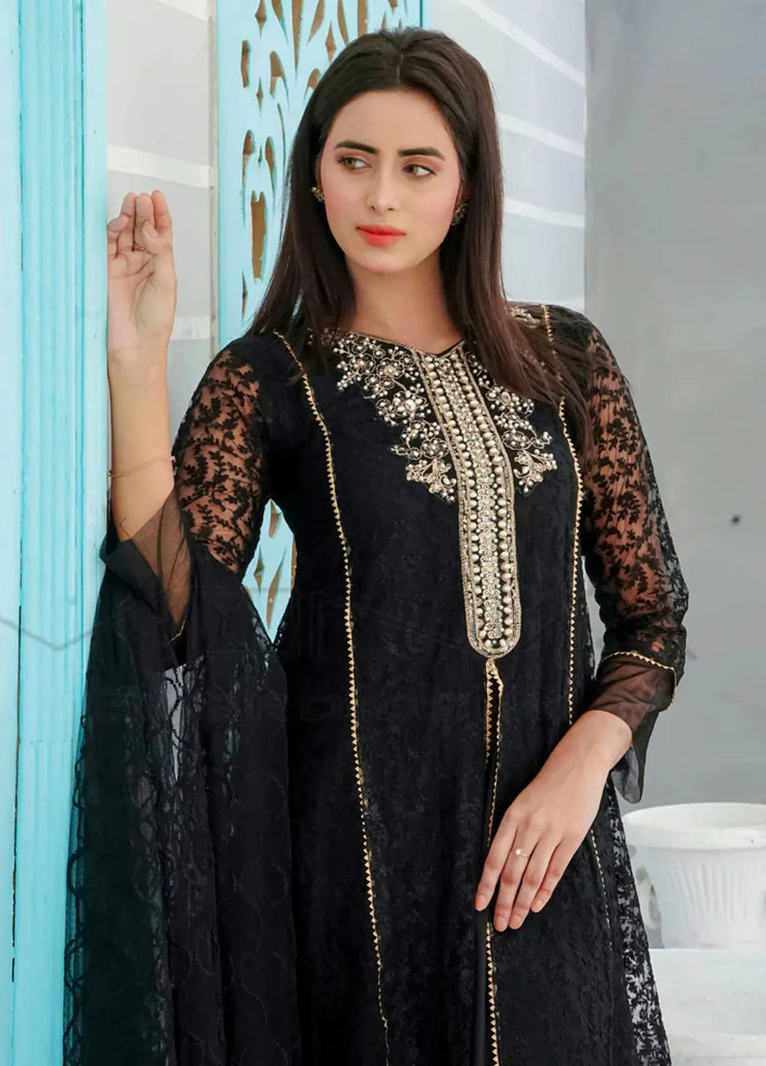 Mona Embroidery Pret Embroidered Chiffon 3 Piece Suit Delicate Drapes Black