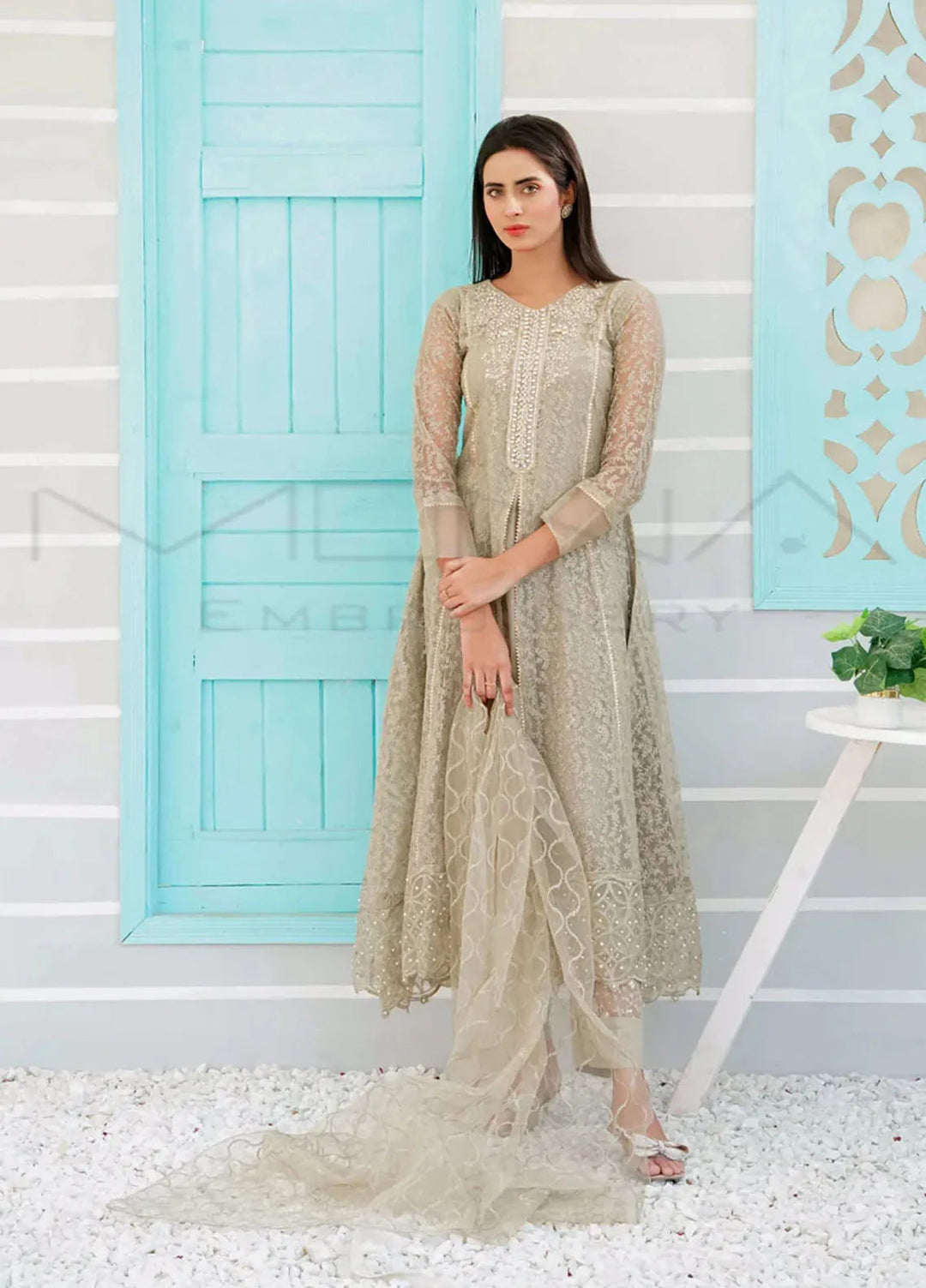 Mona Embroidery Pret Embroidered Chiffon 3 Piece Suit Delicate Drapes Camel