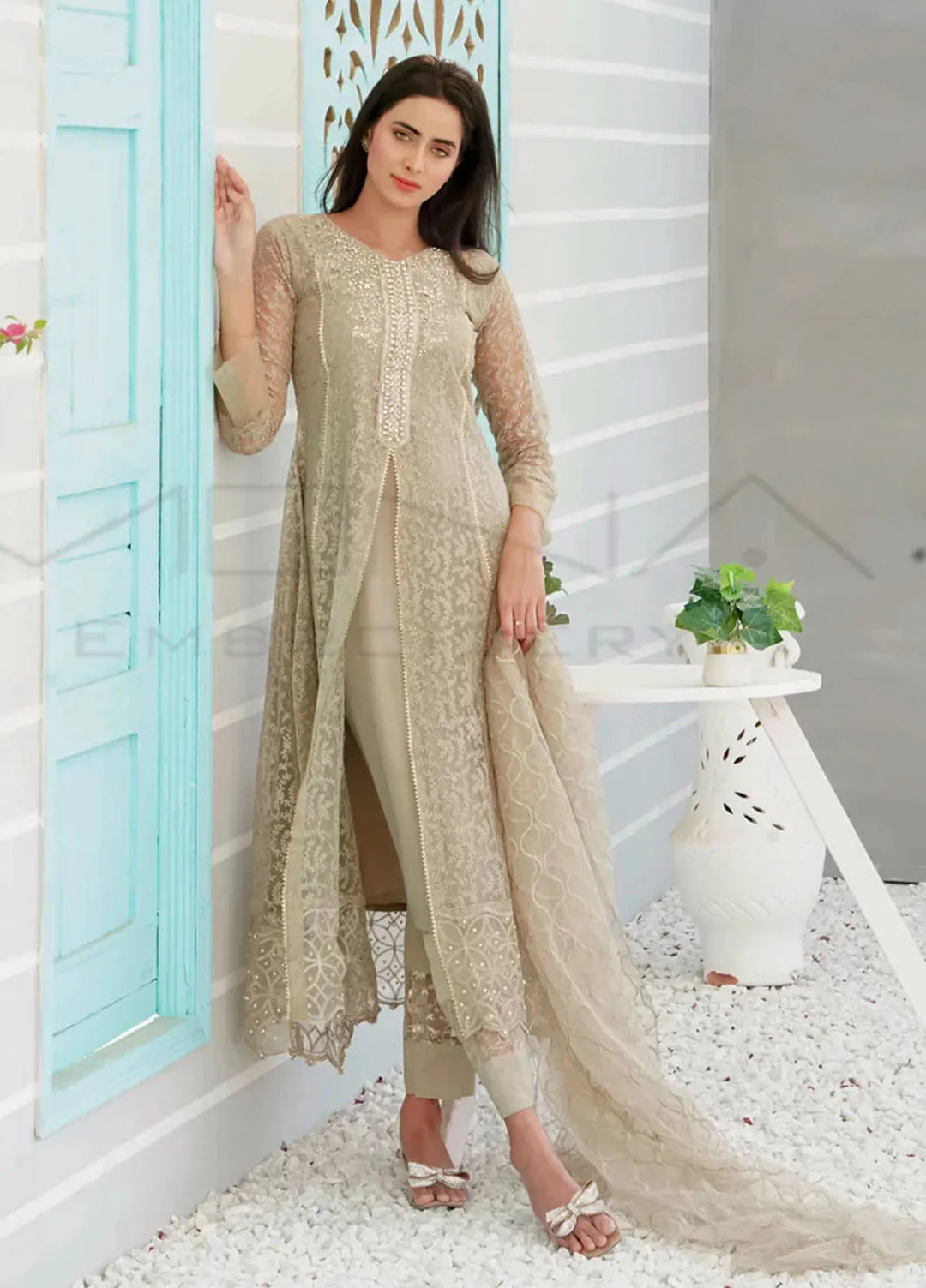 Mona Embroidery Pret Embroidered Chiffon 3 Piece Suit Delicate Drapes Camel