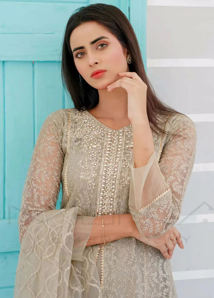 Mona Embroidery Pret Embroidered Chiffon 3 Piece Suit Delicate Drapes Camel