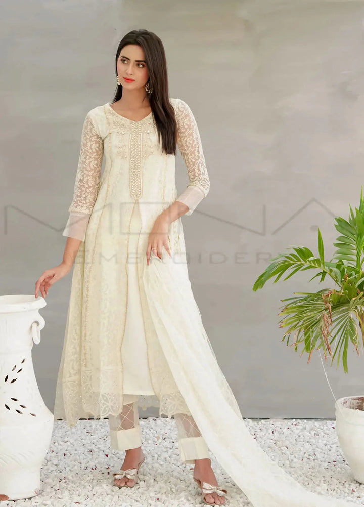 Mona Embroidery Pret Embroidered Chiffon 3 Piece Suit Delicate Drapes White