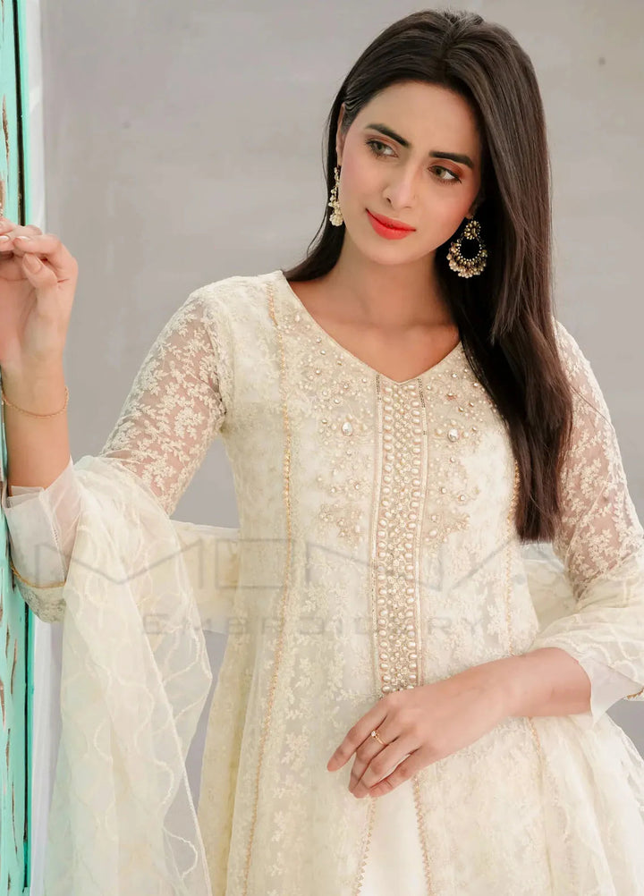 Mona Embroidery Pret Embroidered Chiffon 3 Piece Suit Delicate Drapes White