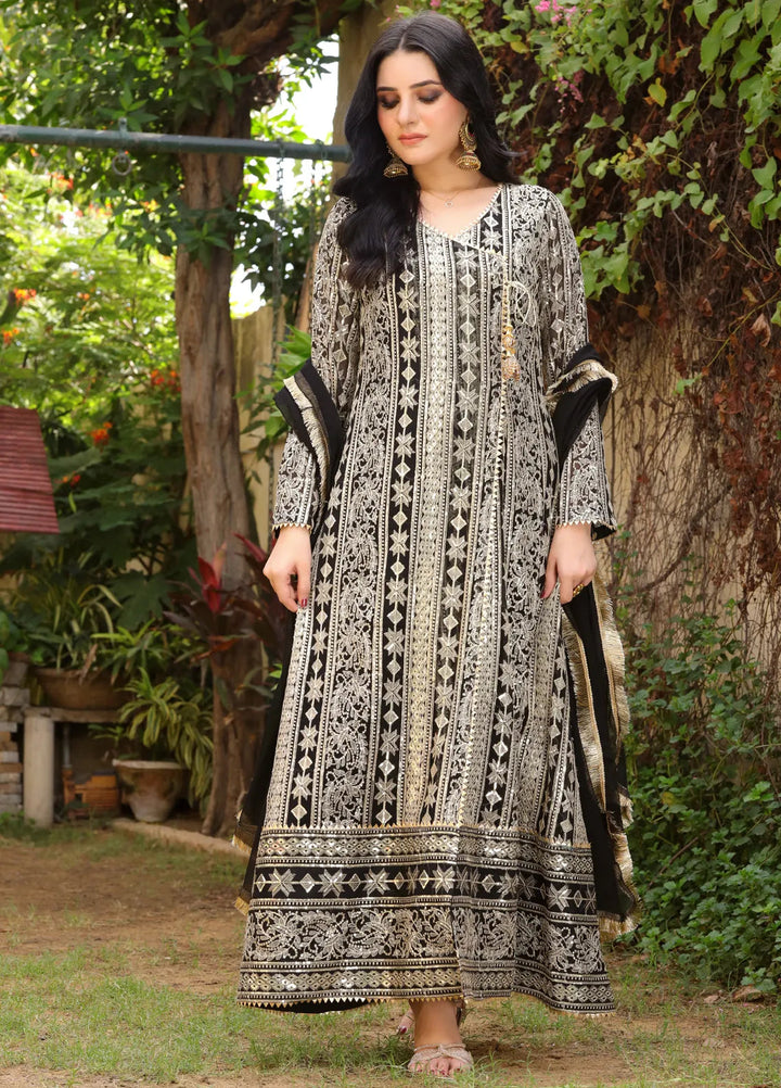 Mona Embroidery Pret Embroidered Chiffon 3 Piece Suit Divine-Black