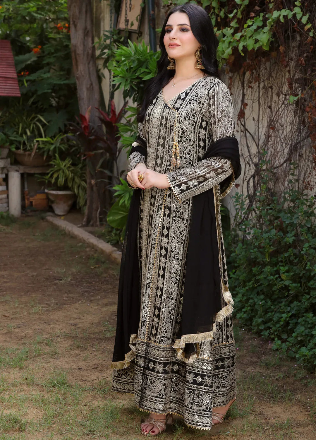 Mona Embroidery Pret Embroidered Chiffon 3 Piece Suit Divine-Black