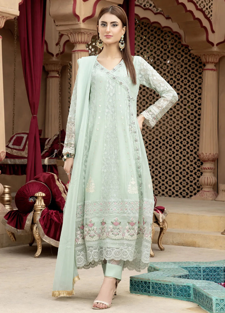 Mona Embroidery Pret Embroidered Chiffon 3 Piece Suit Divinedrape Angrakha-Mint-Green