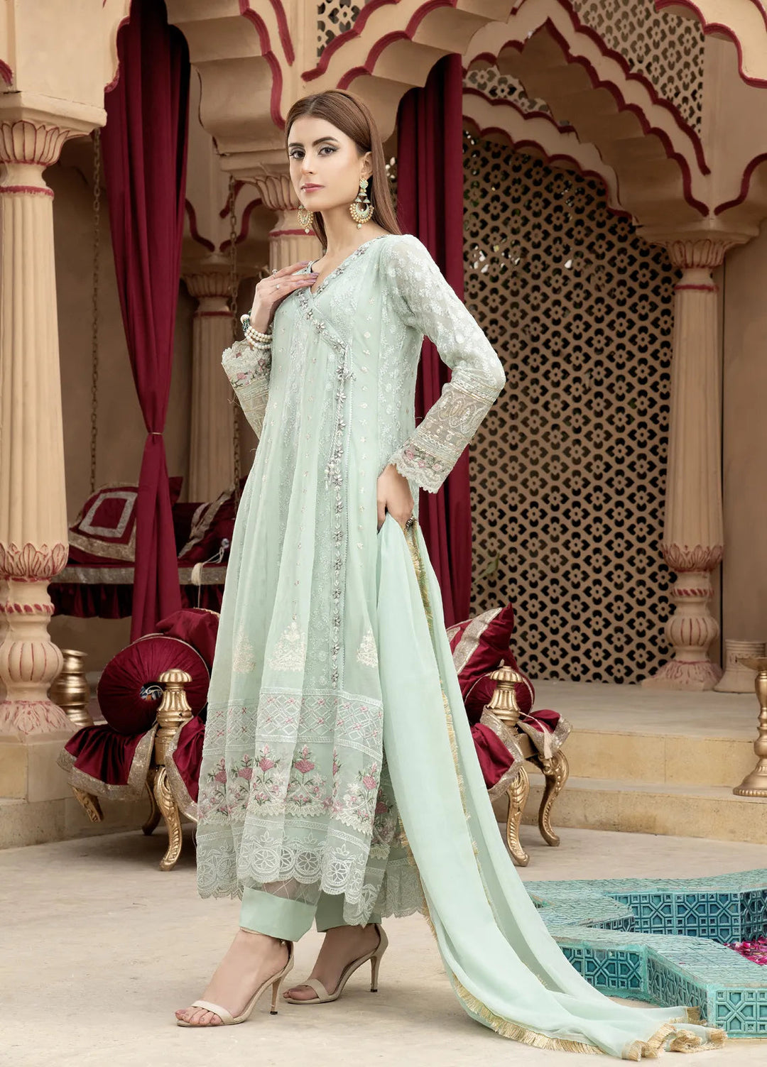 Mona Embroidery Pret Embroidered Chiffon 3 Piece Suit Divinedrape Angrakha-Mint-Green