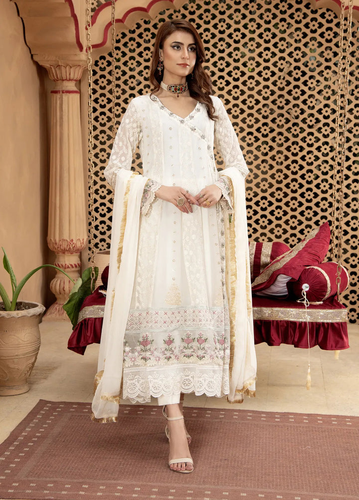 Mona Embroidery Pret Embroidered Chiffon 3 Piece Suit Divinedrape Angrakha-Off-White
