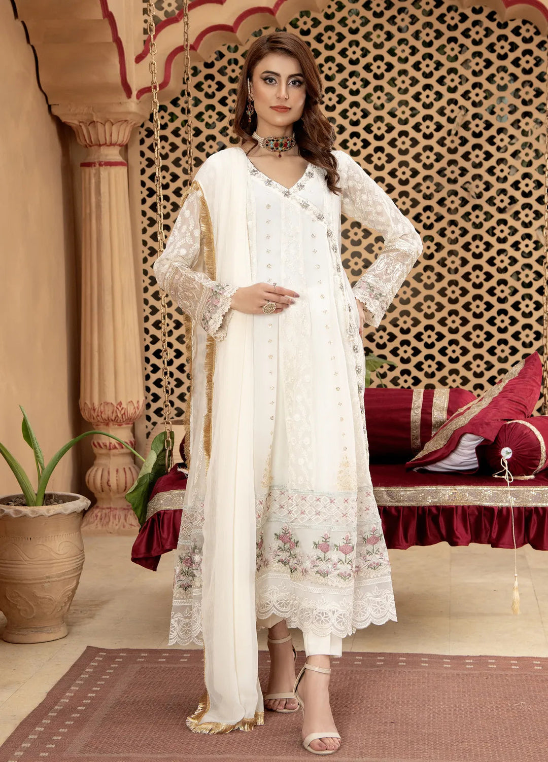 Mona Embroidery Pret Embroidered Chiffon 3 Piece Suit Divinedrape Angrakha-Off-White