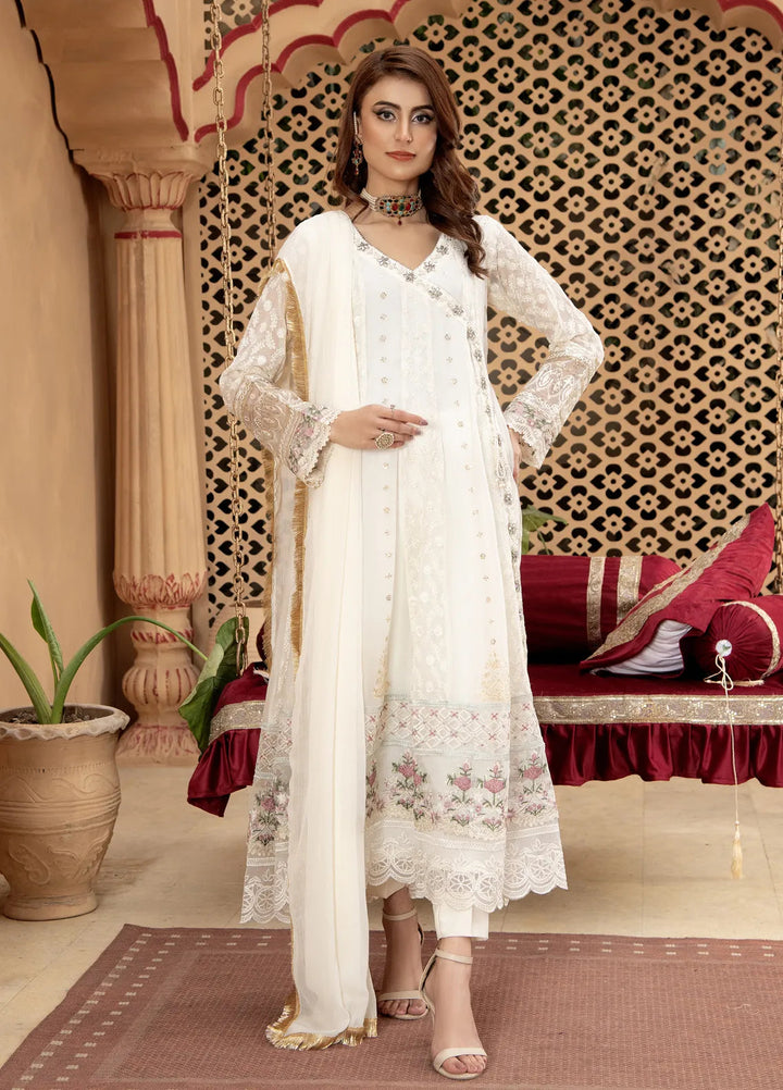 Mona Embroidery Pret Embroidered Chiffon 3 Piece Suit Divinedrape Angrakha-Off-White