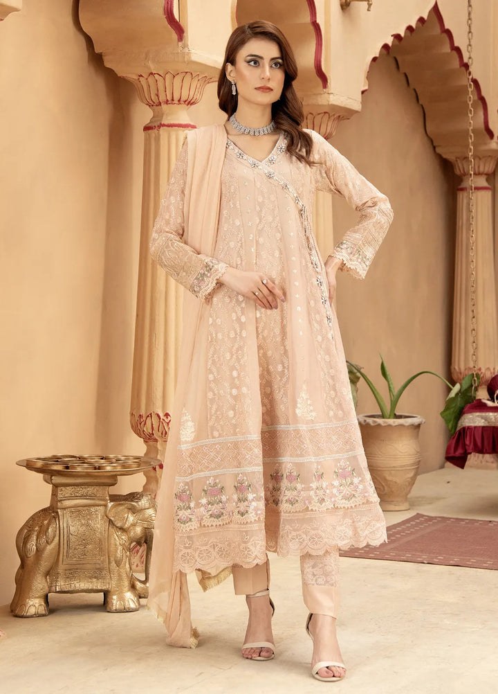 Mona Embroidery Pret Embroidered Chiffon 3 Piece Suit Divinedrape Angrakha-Peach